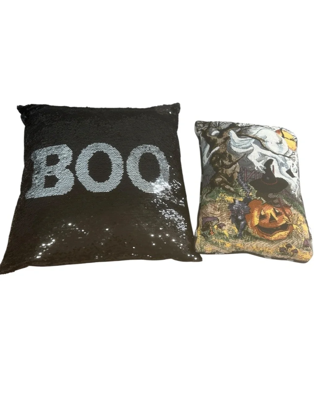 La France Home Halloween Pillow Bundle 2 BOO Sequin Ghost Pumpkin Spooky Decor
